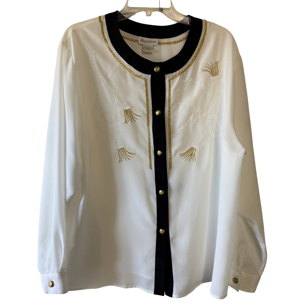 Vintage Maggie Barnes Embroidered Blouse Gold Trim 80s 90s
